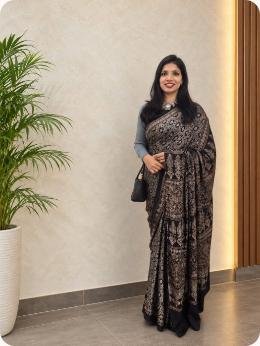 A mother in a Zoeymom hand-block printed saree