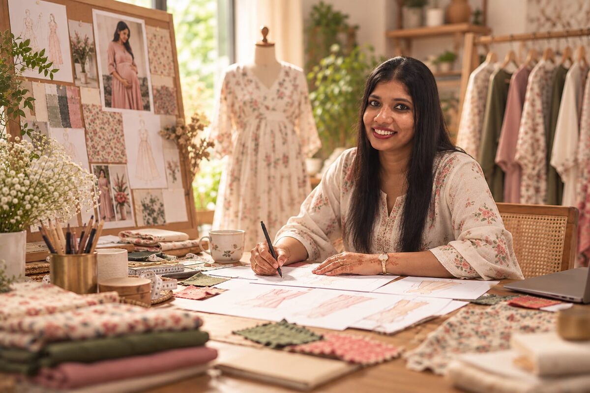Zoeymom founder sketching a new maternity design